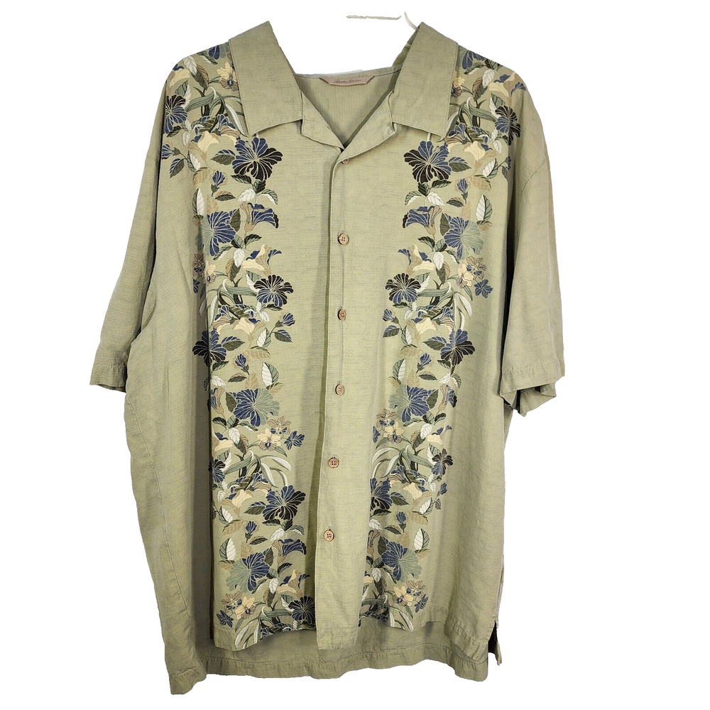 Paradise Collection Shirt Mens XXL Green Floral 100% Silk Button Hawaiian Beach